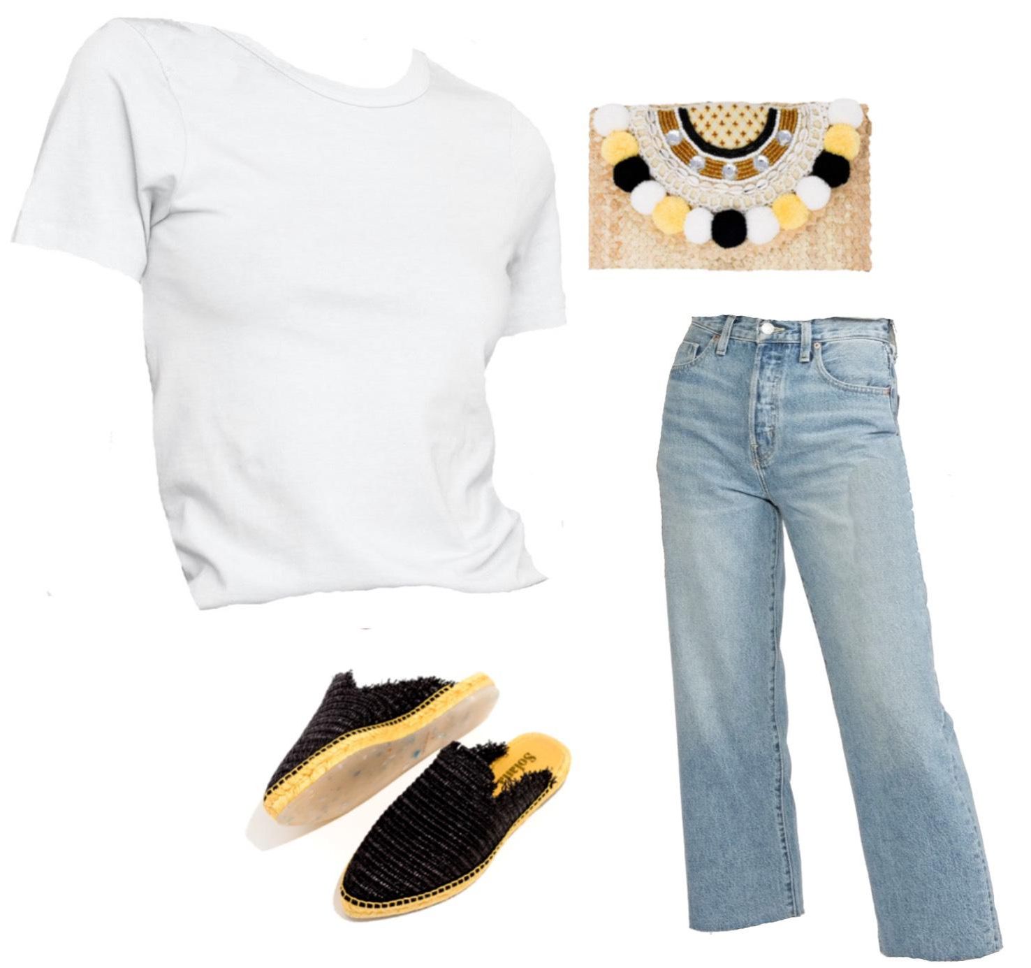 jeans and a white tee outfit with black slides and a colorful clutch