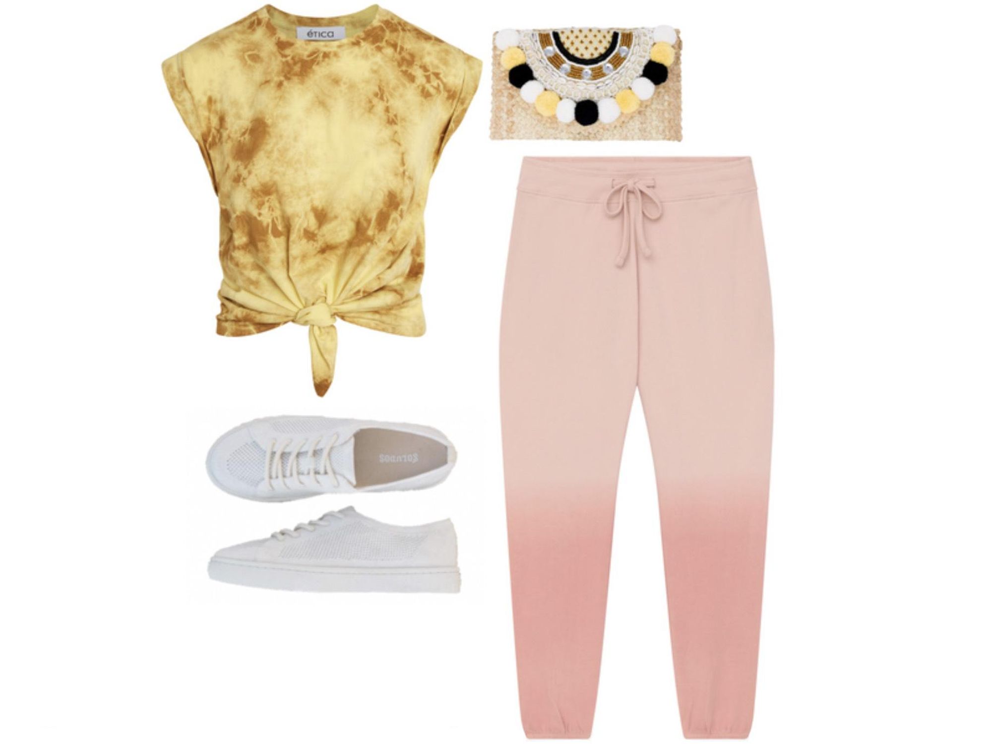 pink joggers, yellow top, sneakers and a clutch outfit