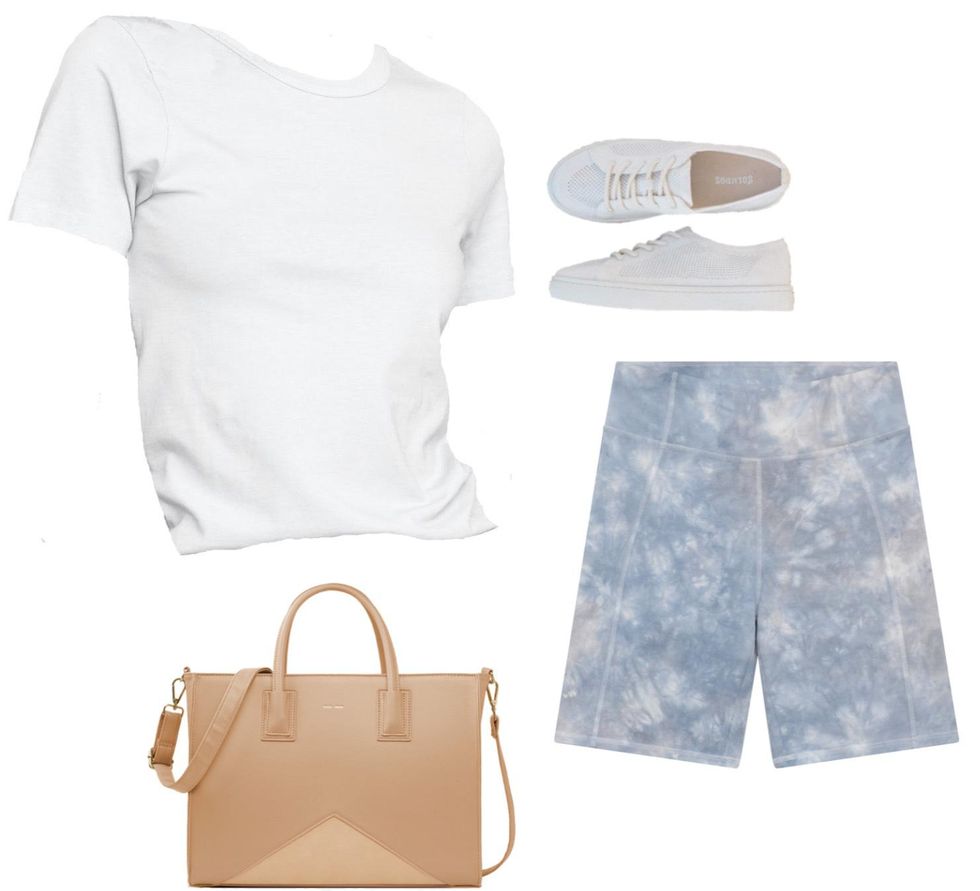 tee, biker shorts, sneakers and purse outfit