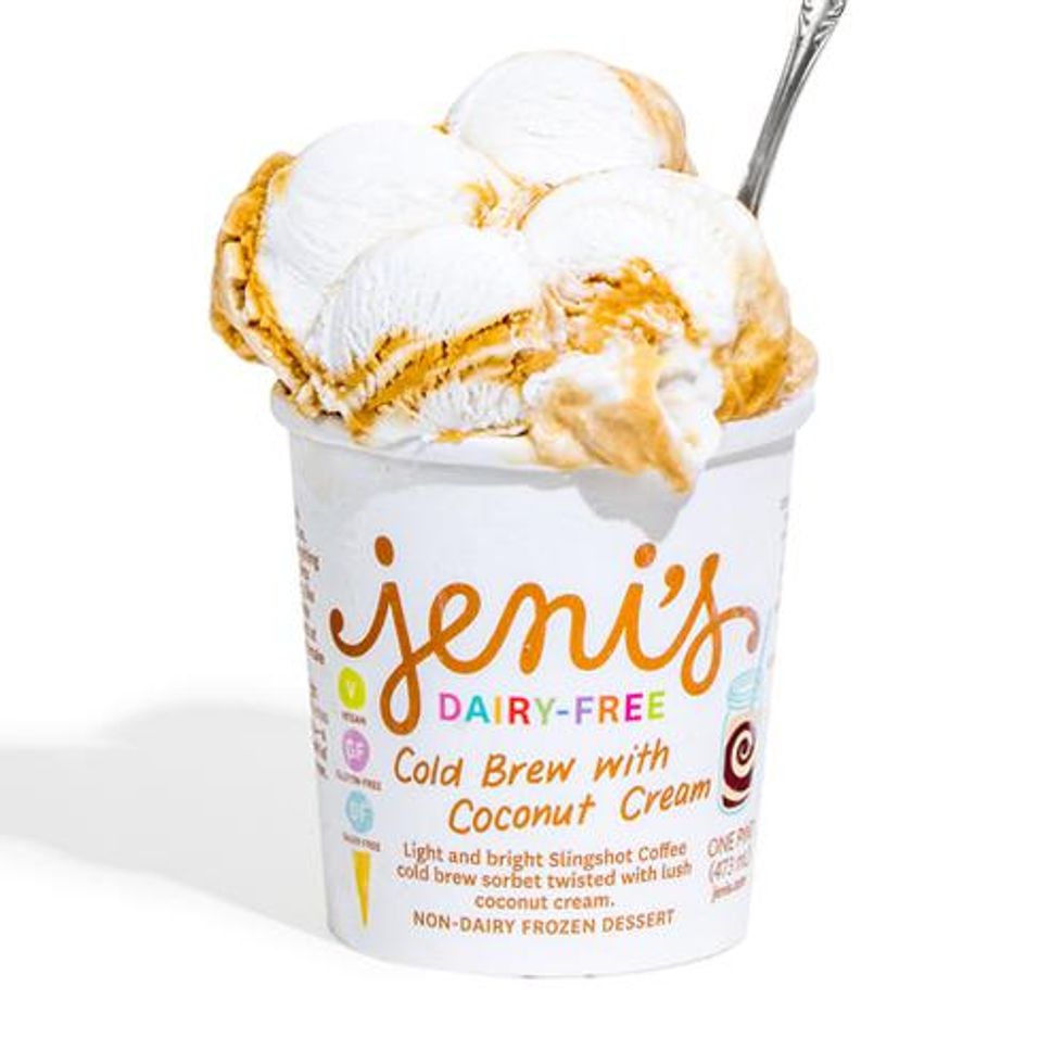 white carton of Jeni's Cold Brew With Coconut Cream with rainbow detail