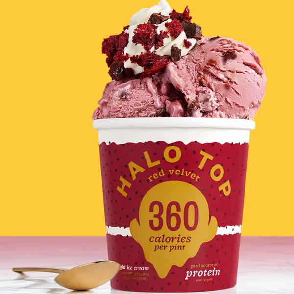 Halo Top Red Velvet in front of a yellow background