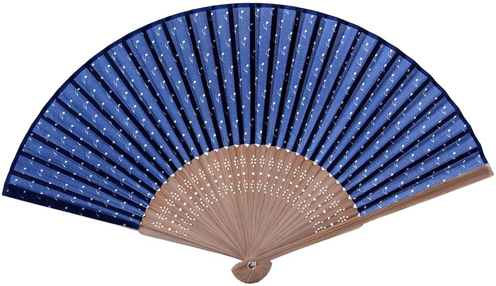 blue and white handheld fan