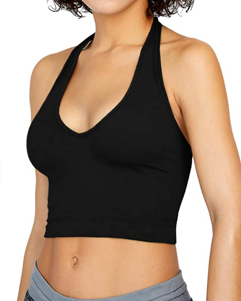 black v-neck Amazon Basic Halter Crop Top