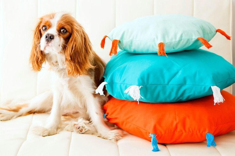 blue and orange DIY Geometric Tasseled Pillows