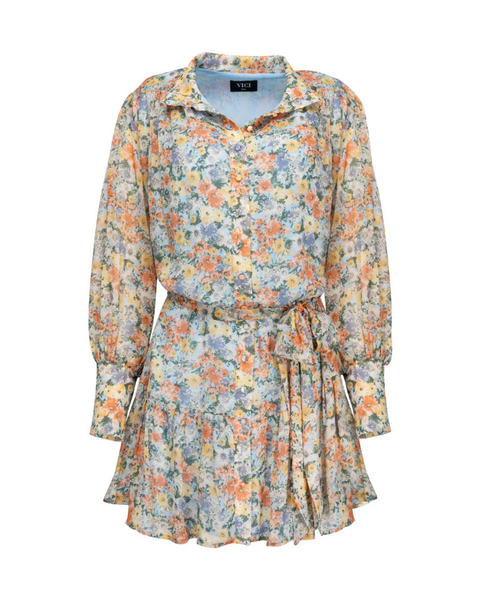 short chiffon floral dress with long sleeves