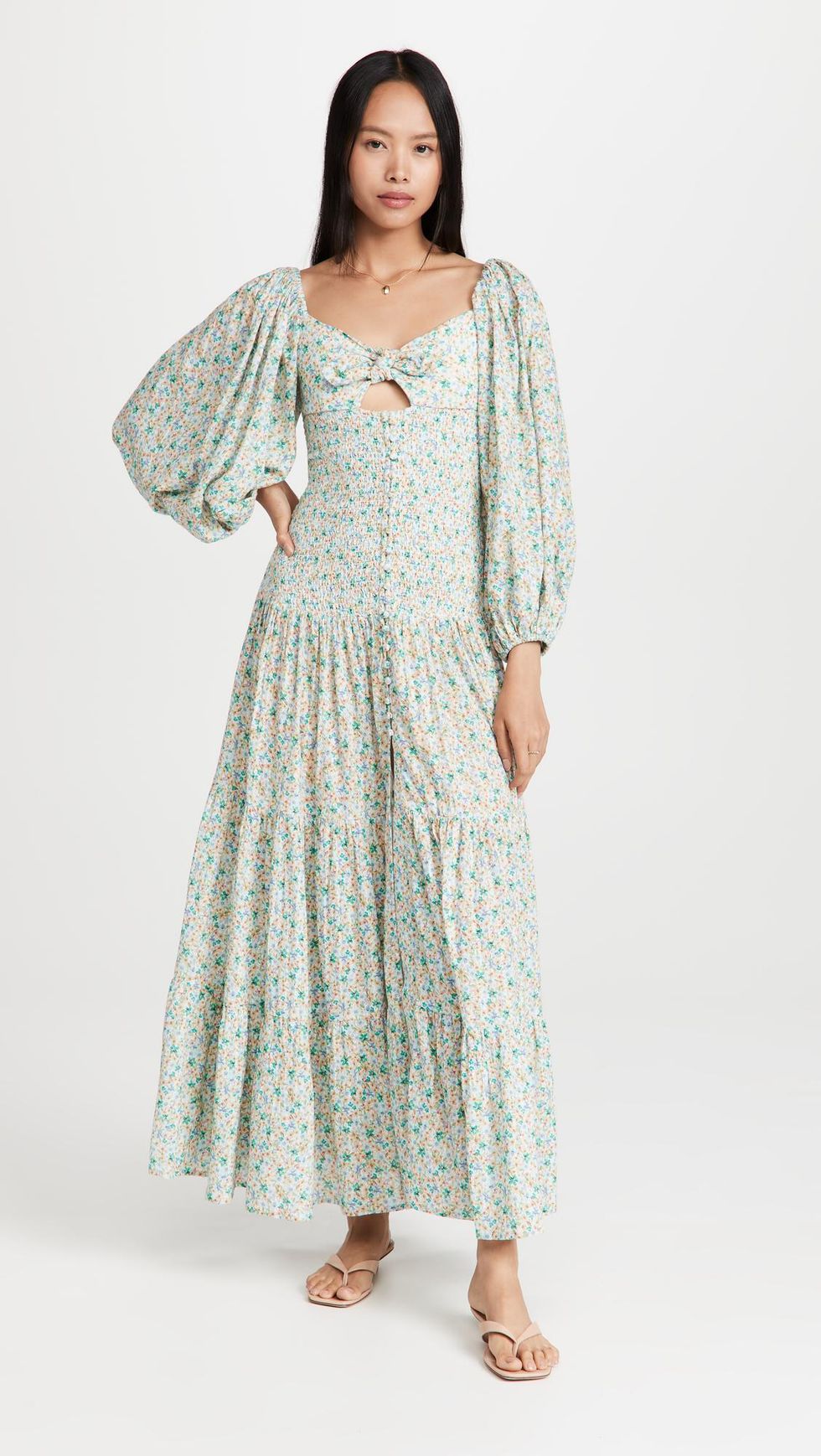 ankle length floral puff sleeve dress with peep hole and crinkle bodice