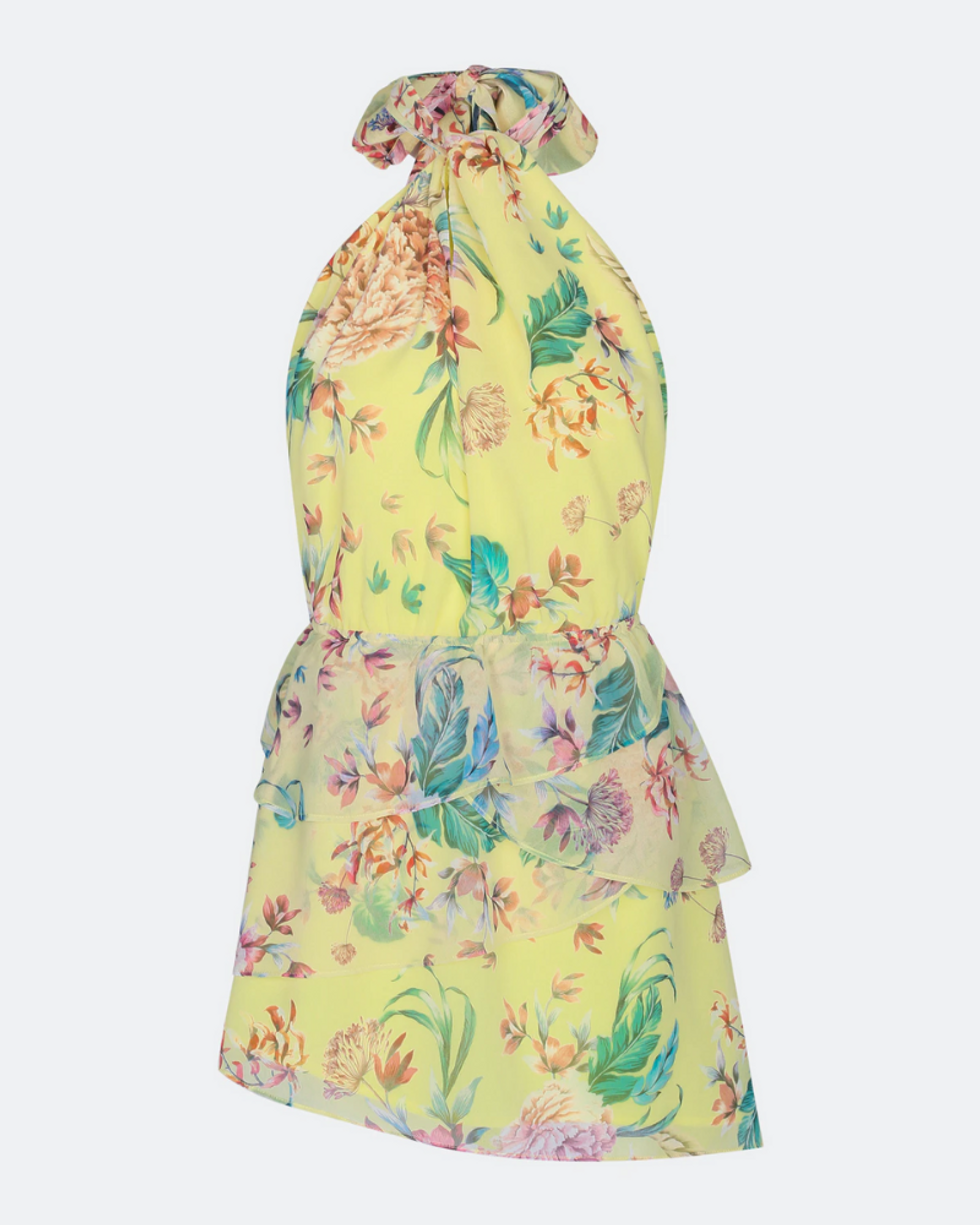 yellow dress with tropical print and halter neck