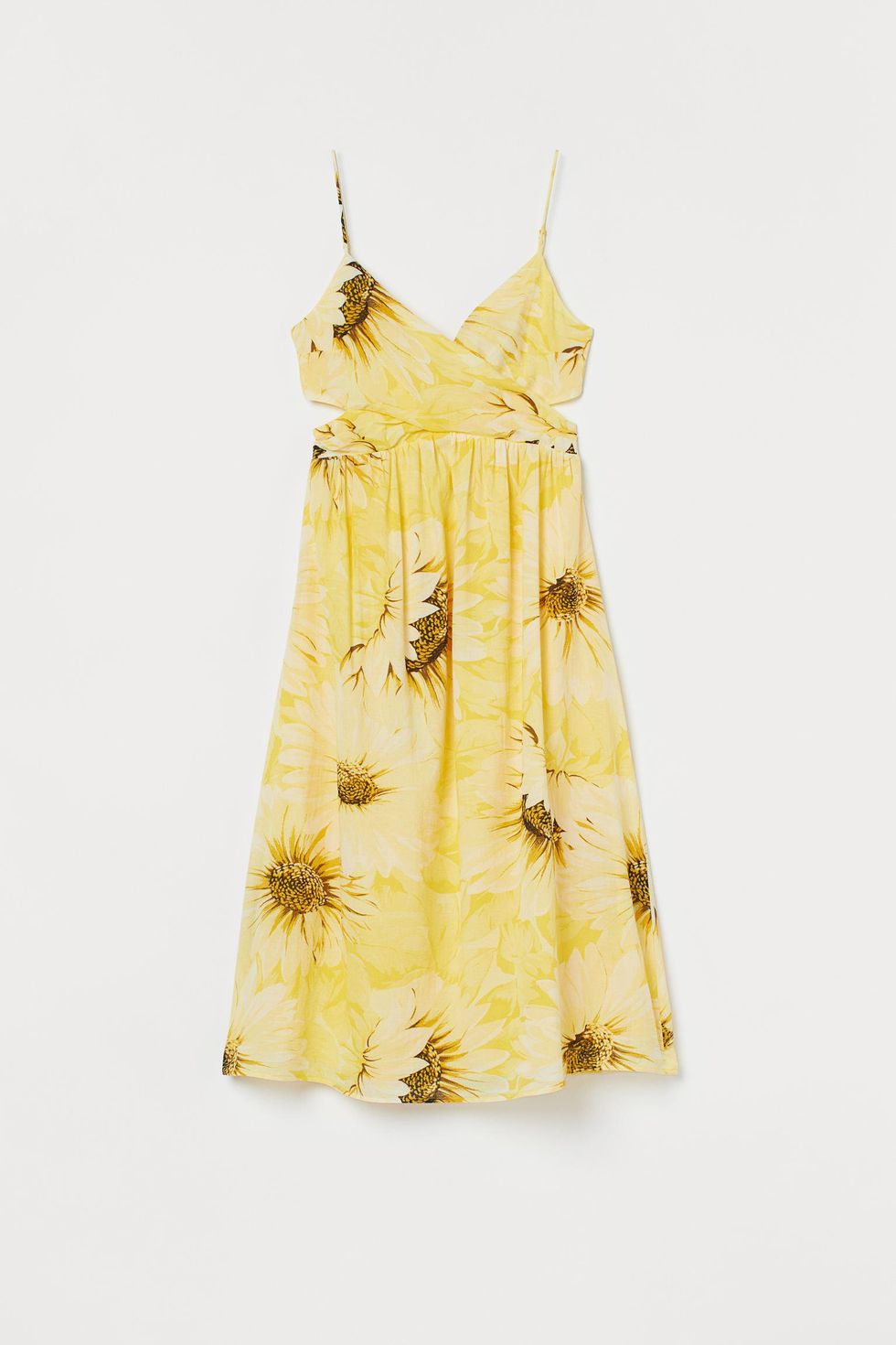 sleeveless cotton dress with sunflowers and cutouts in the side