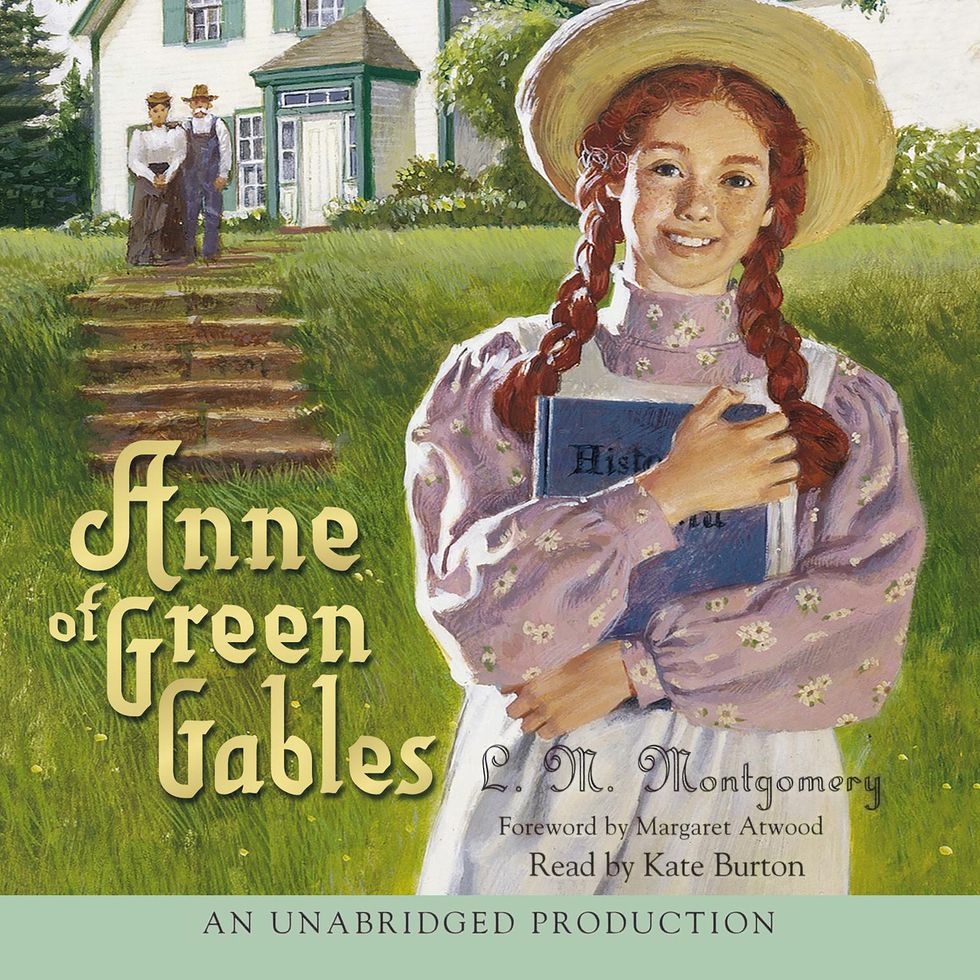 girl stares at the reader with green gables and two silhouettes behind her and yellow and black writing