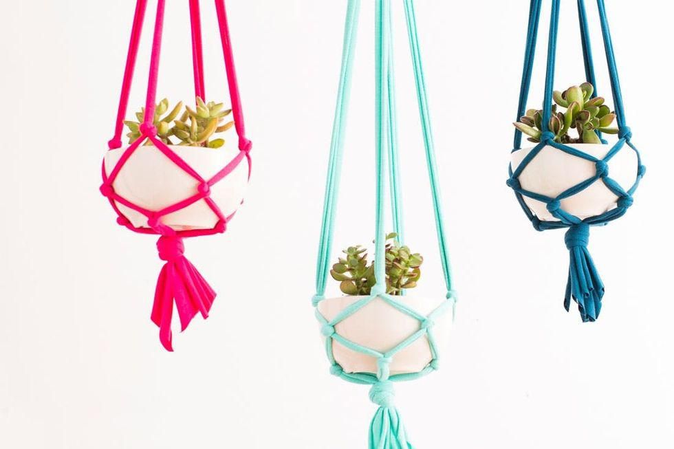 hot pink aqua and navy DIY Macrame Planters