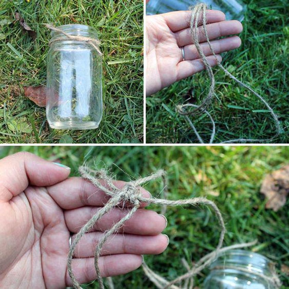 knotting twine around clear jars