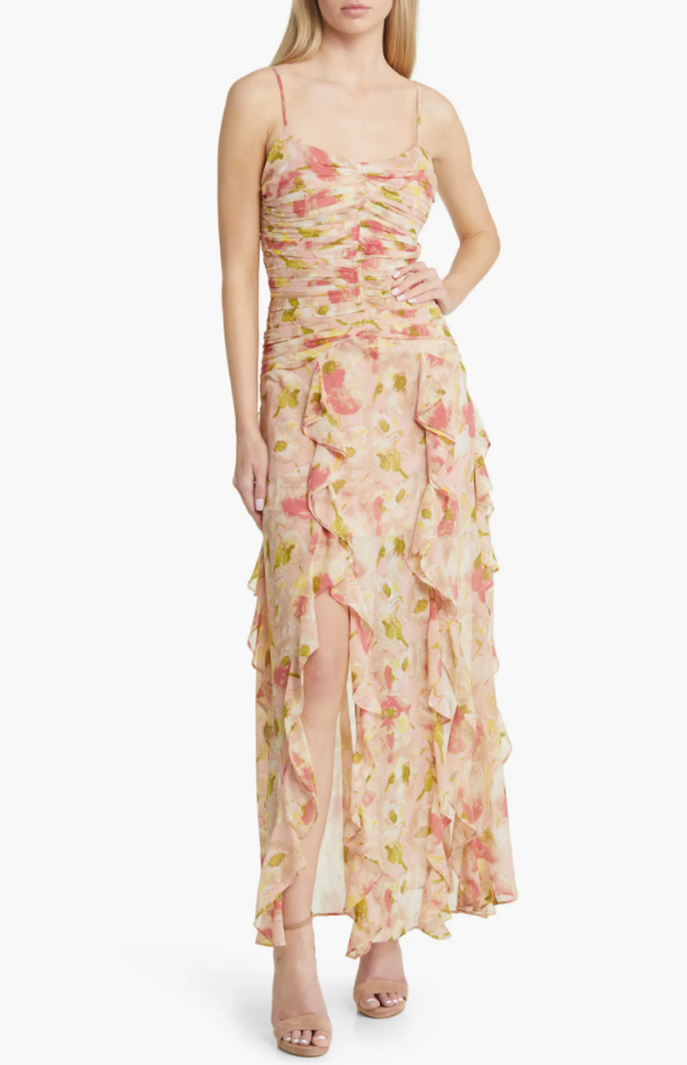 Floret Studios Floral Ruched Bodice Cascading Ruffle Maxi Dress