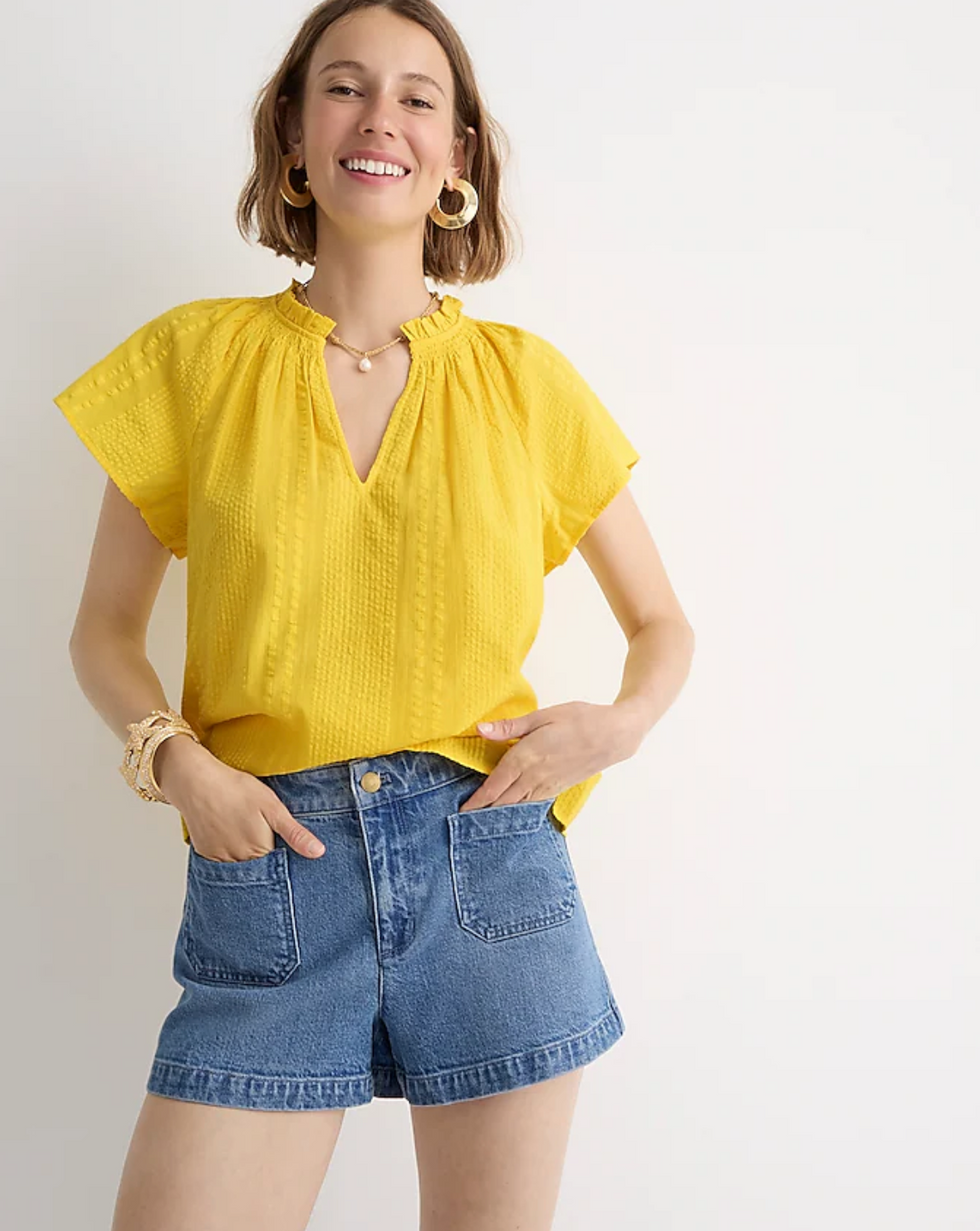 Flutter-Sleeve V-Neck Top in Solar Yellow Cotton Dobby