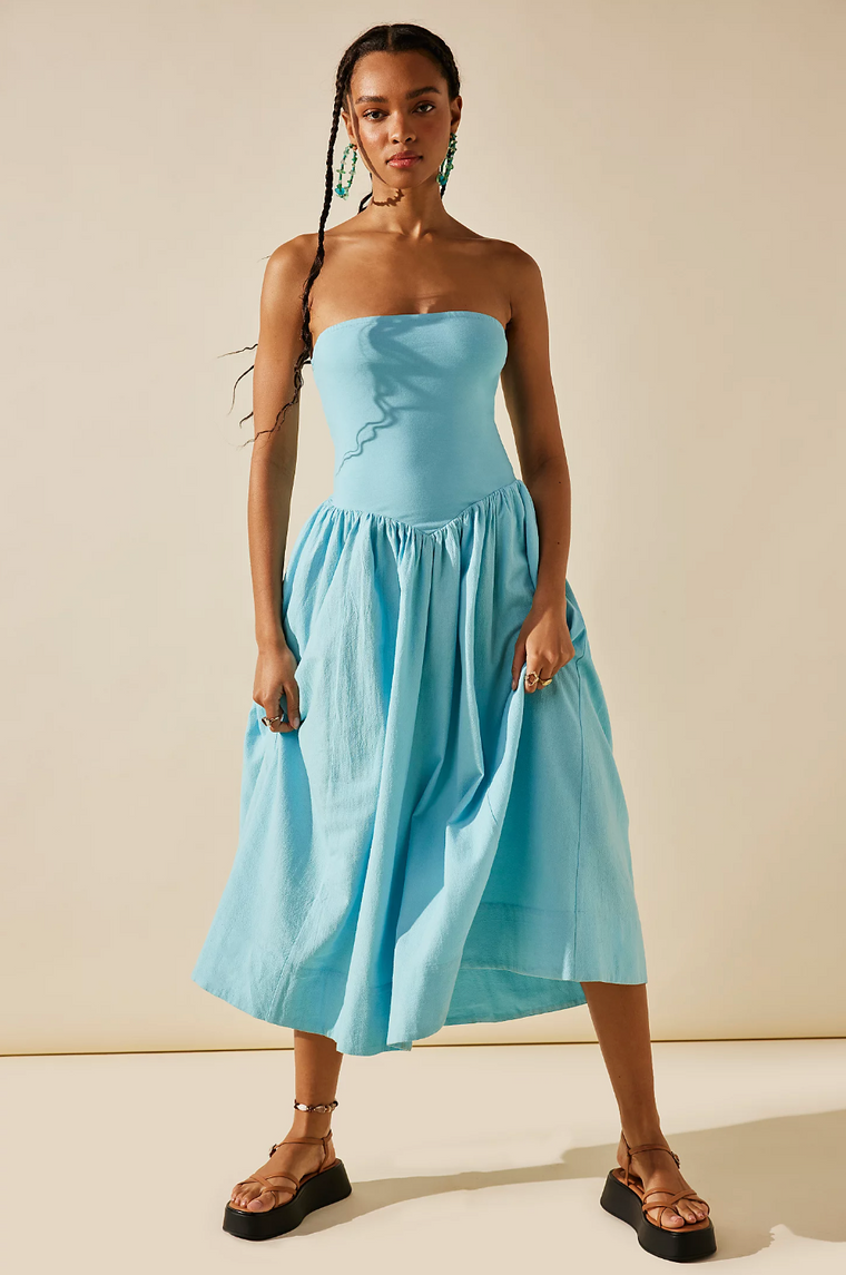 Strapless cotton and silk midi dress in blue - CO