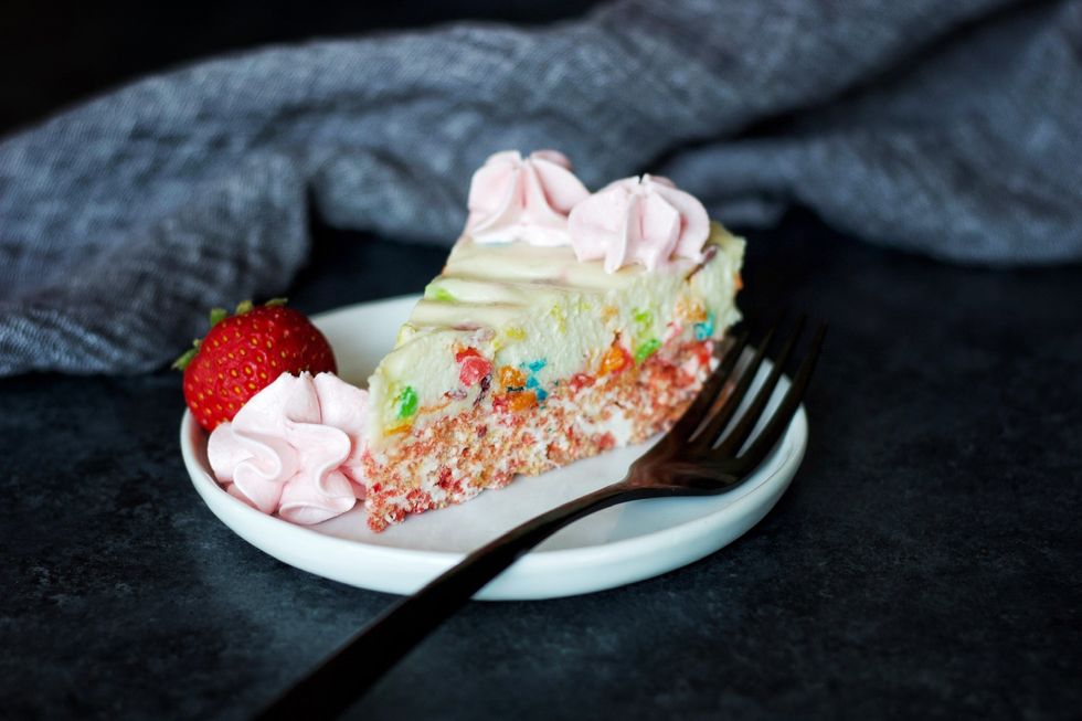 Fruity Pebble Cheesecake with Strawberry Krispy Treat Crust