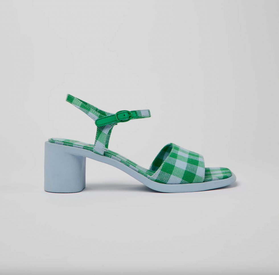 green and blue gingham sandal block heel