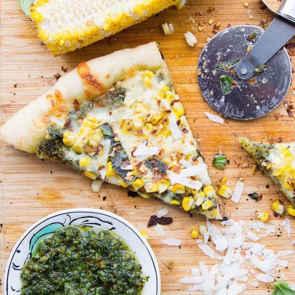 Grilled Kale Pesto + Corn Pizza