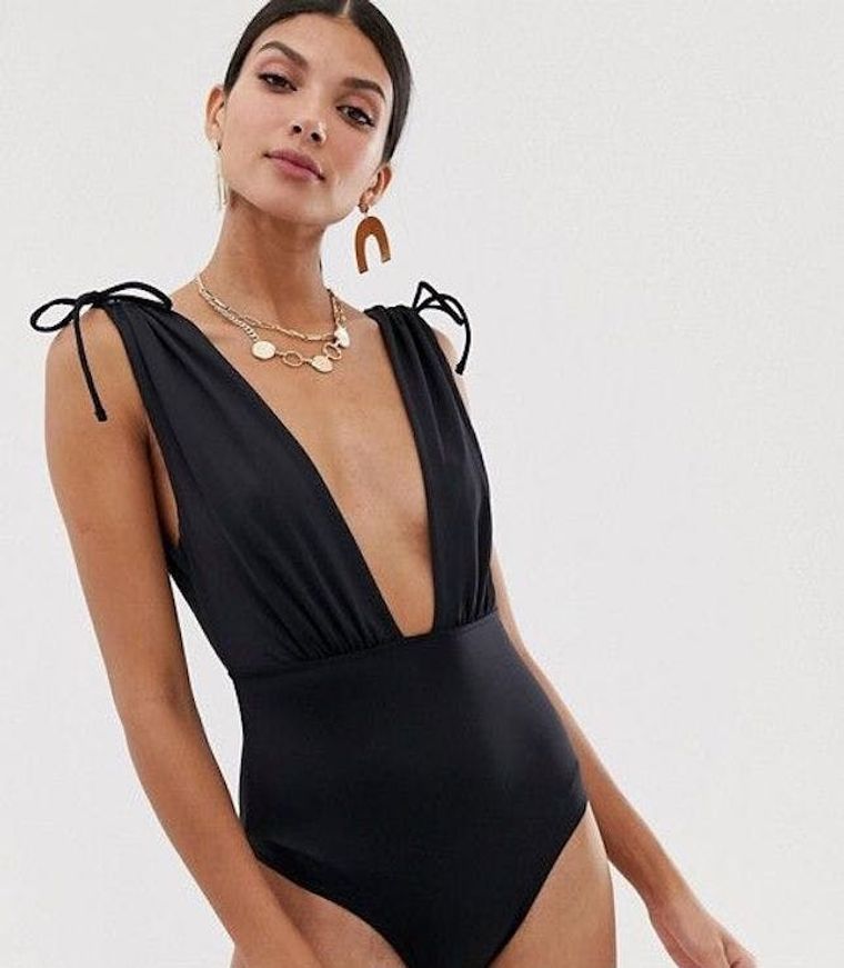 ASOS DESIGN tall ruched tie swimsuit in black
