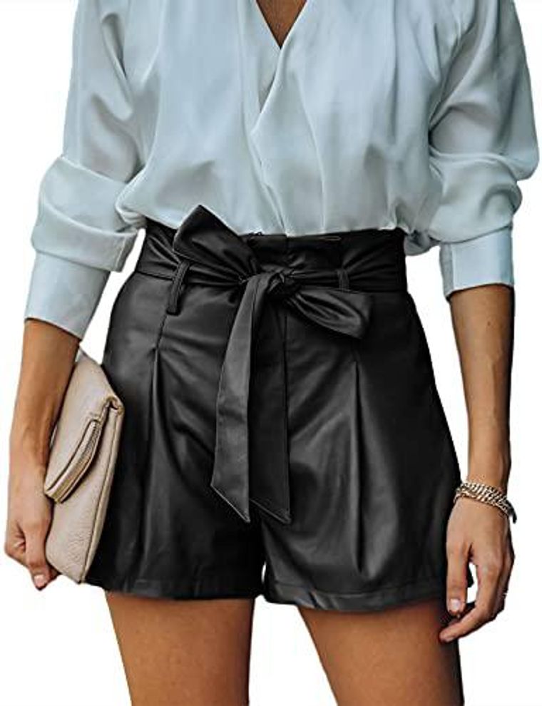 luvamia Faux Leather Shorts for Women High Waist Pleated Wide Leg Stretchy  Shorts with Pockets Short PU Leather Pants