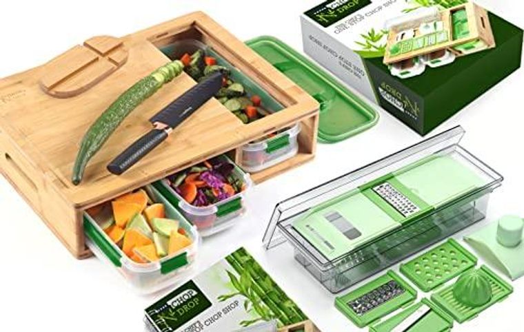 Bamboo Cutting Chopping Board with Containers 4 Storage Drawer and Grater  Tool