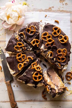 Peanut Butter Cake Recipe With Chocolate Fudge + Pretzels