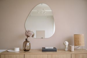 A plant, two books, and a small sculpture sit on a wooden dresser underneath a mirror. 