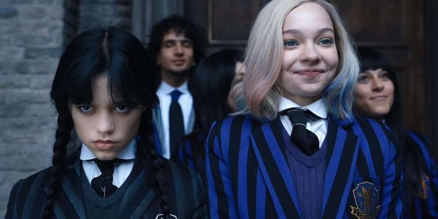 Jenna Ortega as Wednesday Addams, Emma Myers as Enid Sinclair