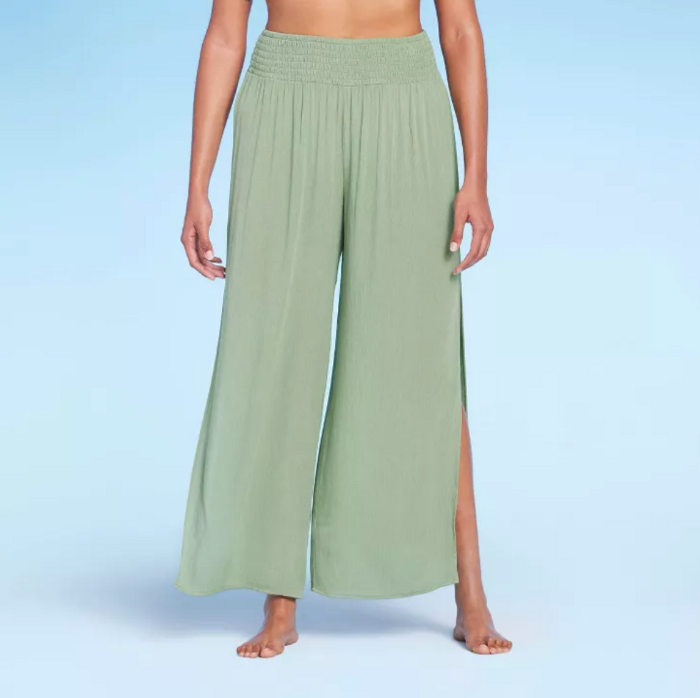 Kona Sol Smocked Waist Side Slit Cover Up Pants in Green