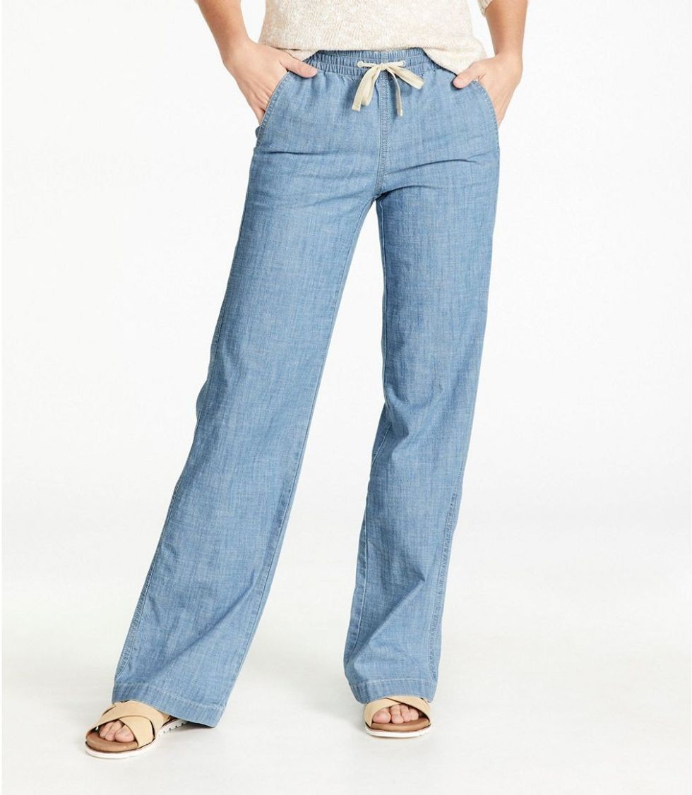 L.L. Bean Lakewashed Mid-Rise Wide-Leg Pull-On Chambray Chinos