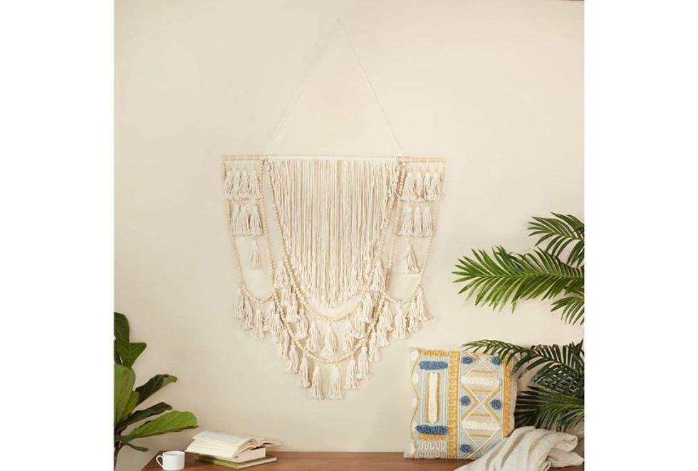 Living Spaces Beige + White Bead Macrame Boho Wall Hanging