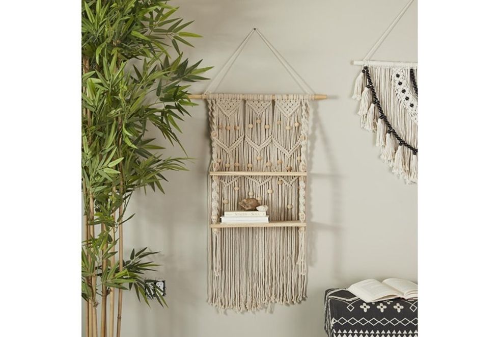 Living Spaces White + Natural Macrame Wall Hanging with Shelves