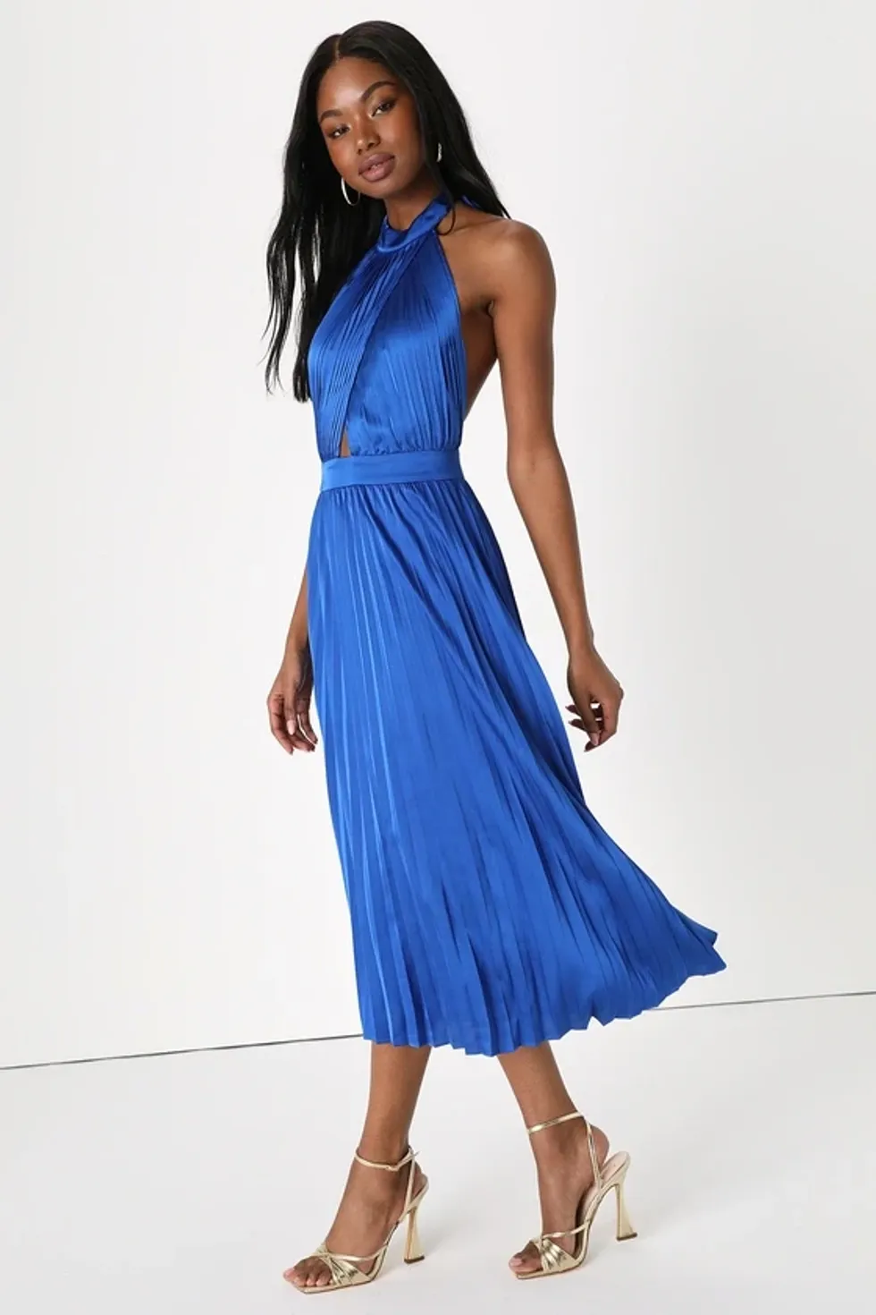 Lulus Royal Blue Satin Pleated Halter Midi Dress