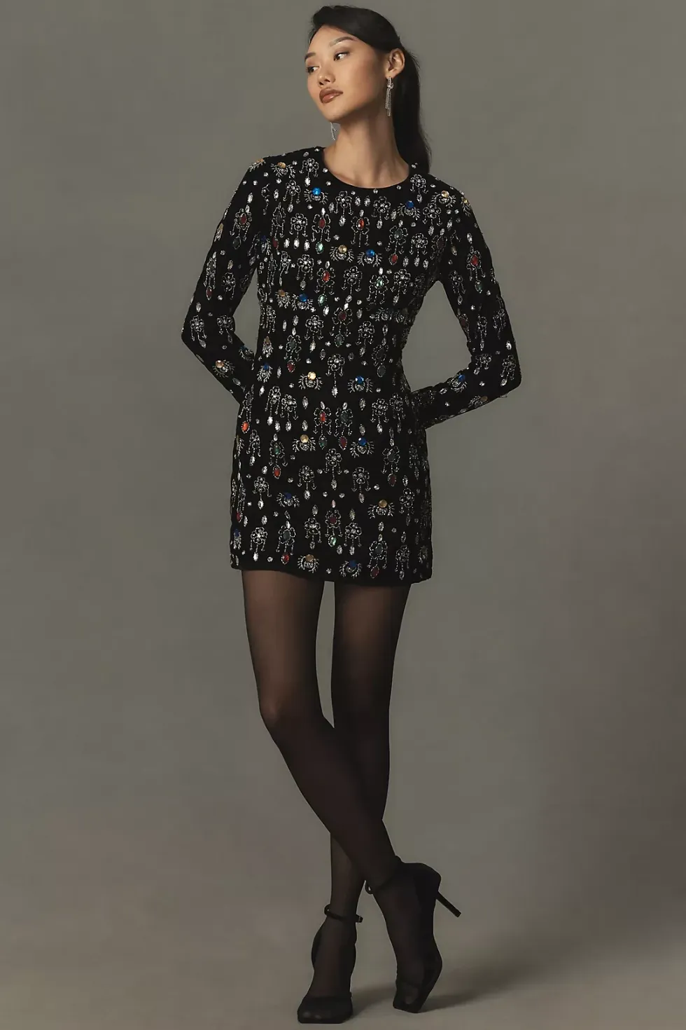 Mac Duggal Long-Sleeve Gem-Embellished Velvet Mini Dress