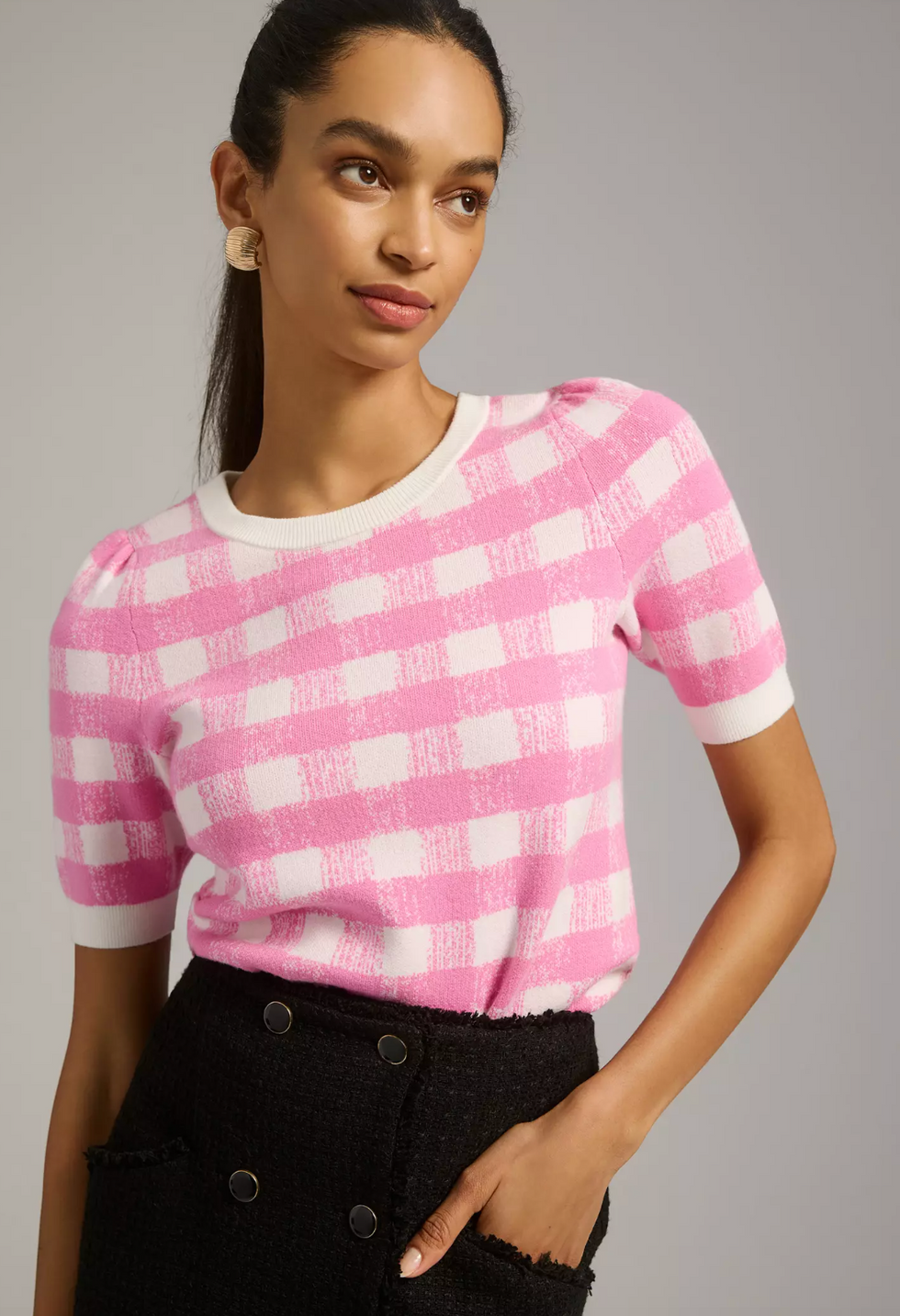 Maeve Harmon Jacquard Sweater Tee in Pink Combo