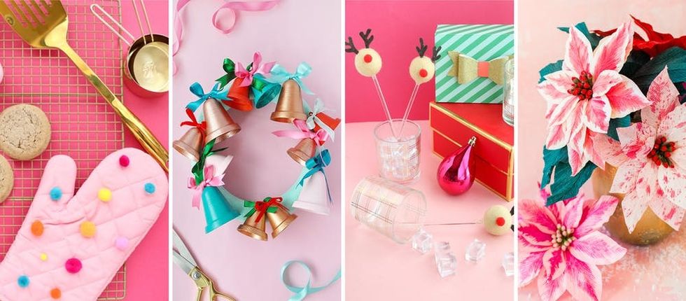 mix of different holiday decor DIY project ideas that are all pink