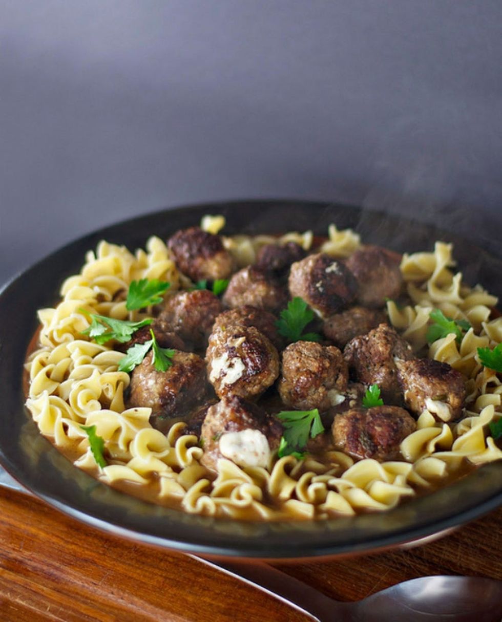 Mozzarella Stuffed Meatballs With Eggy Noodles