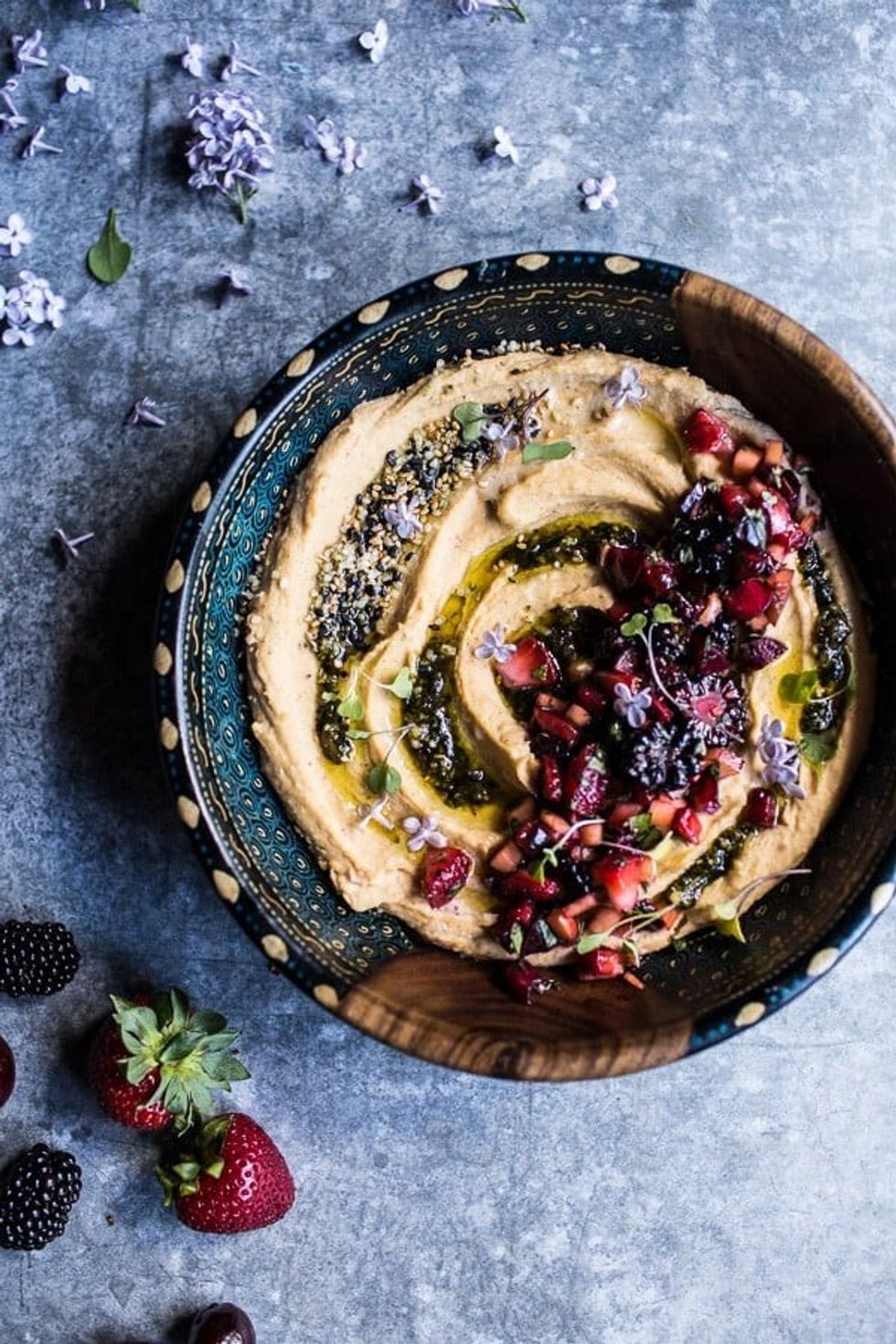 Pesto Hummus with Summer Fruit Salsa