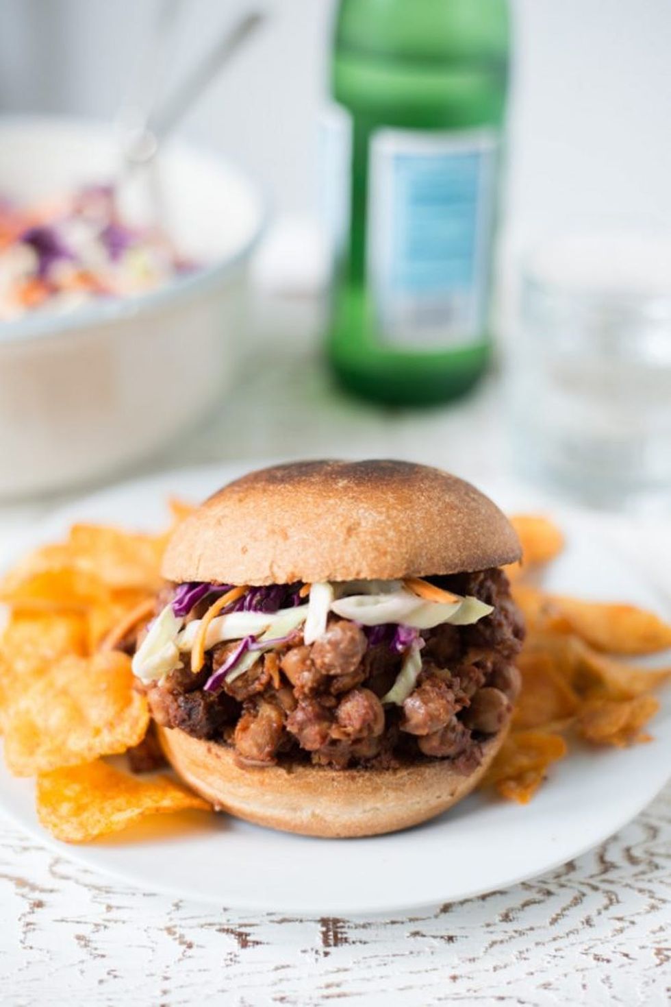 Plate of Slow-Cooked BBQ Chickpeas with chips on the side