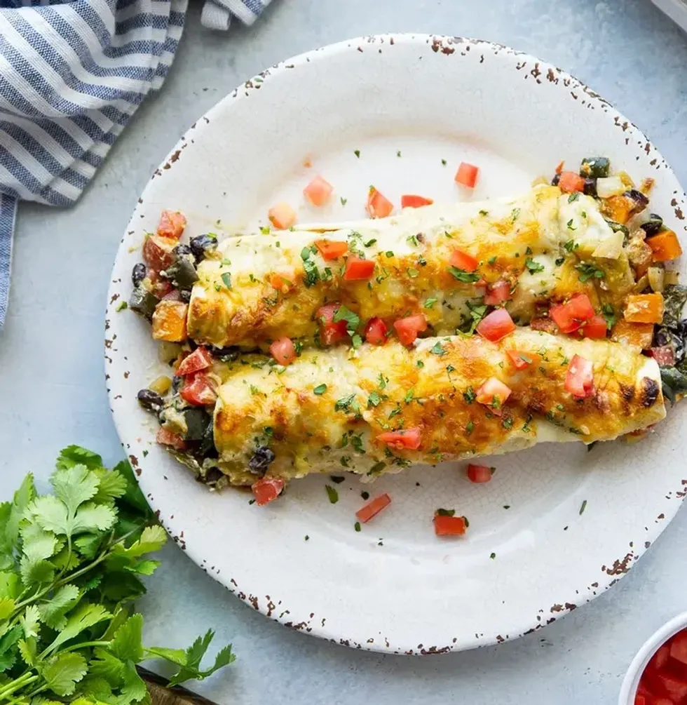 Poblano Sweet Potato Black Bean Breakfast Enchiladas