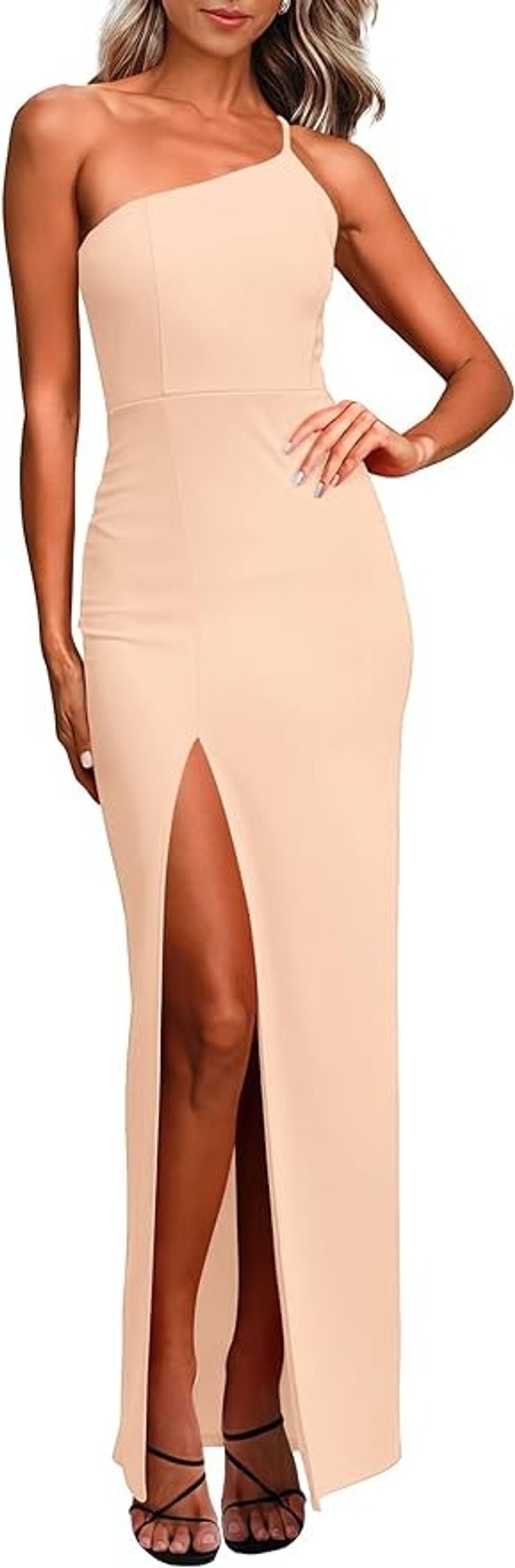 PRETTYGARDEN One Shoulder Spaghetti Strap High Slit Maxi Bodycon Dress