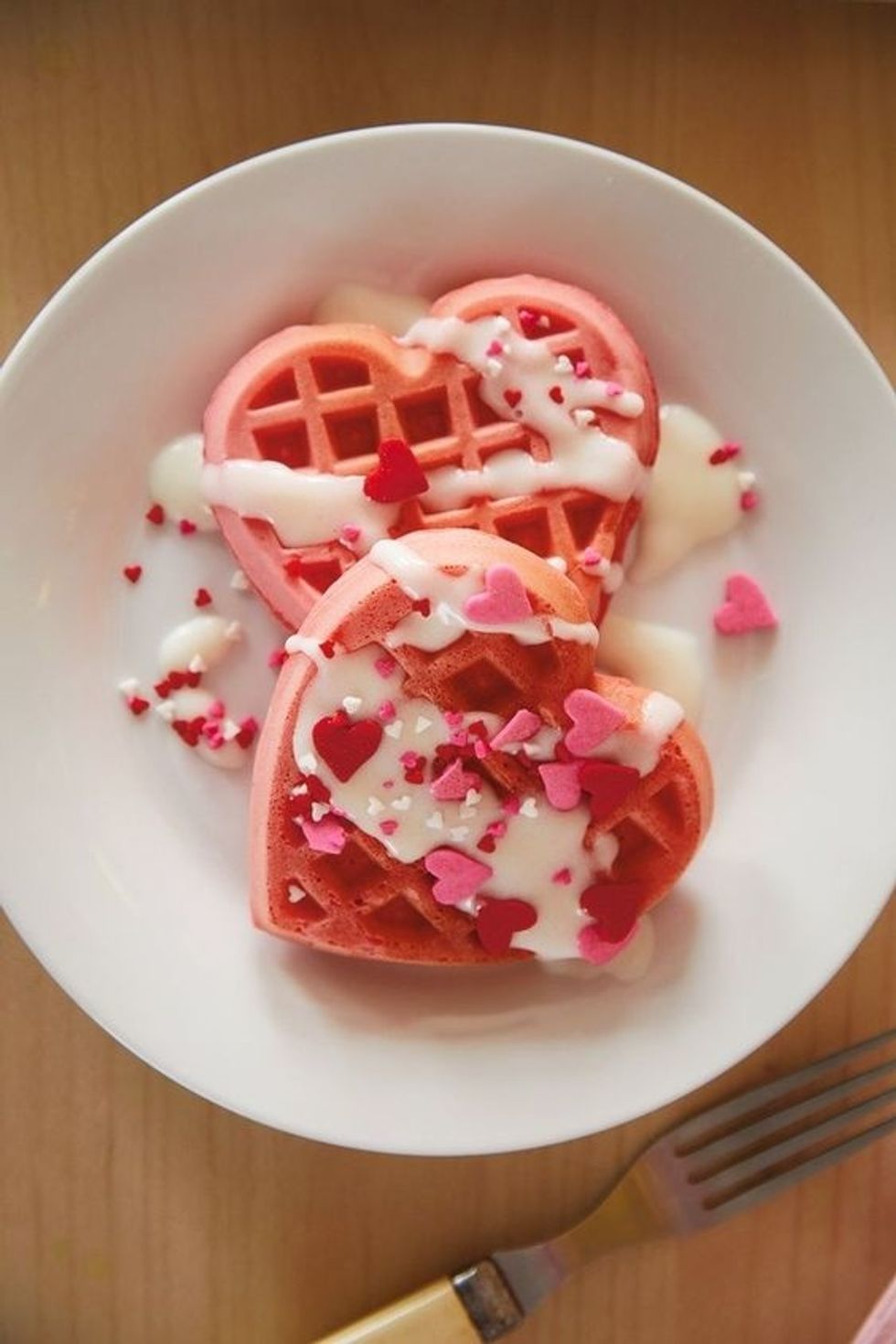 Red Velvet Heart Waffles With Cream Cheese Glaze