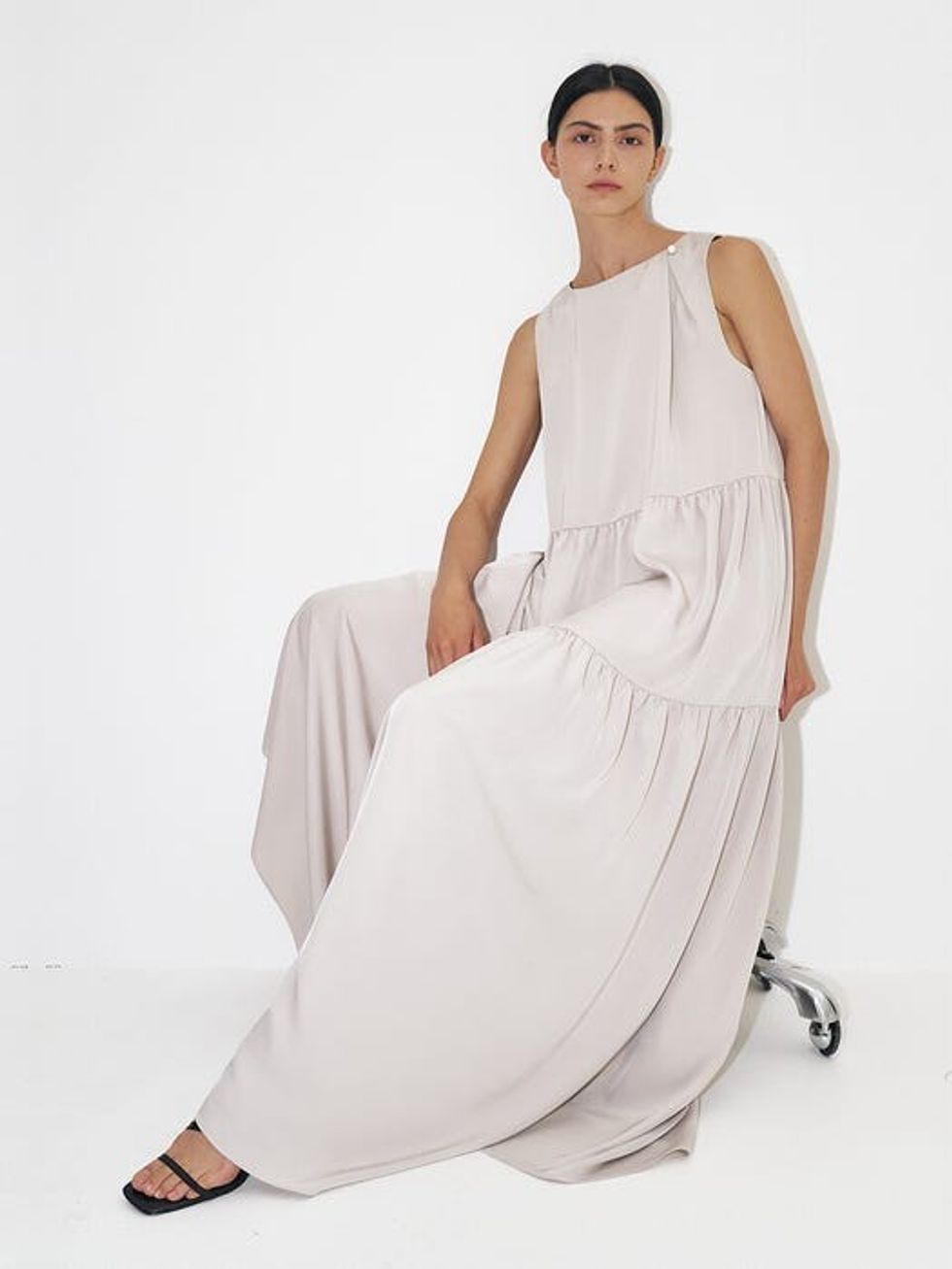 Repwcet Tiered Draping Maxi Dress in Light Grey