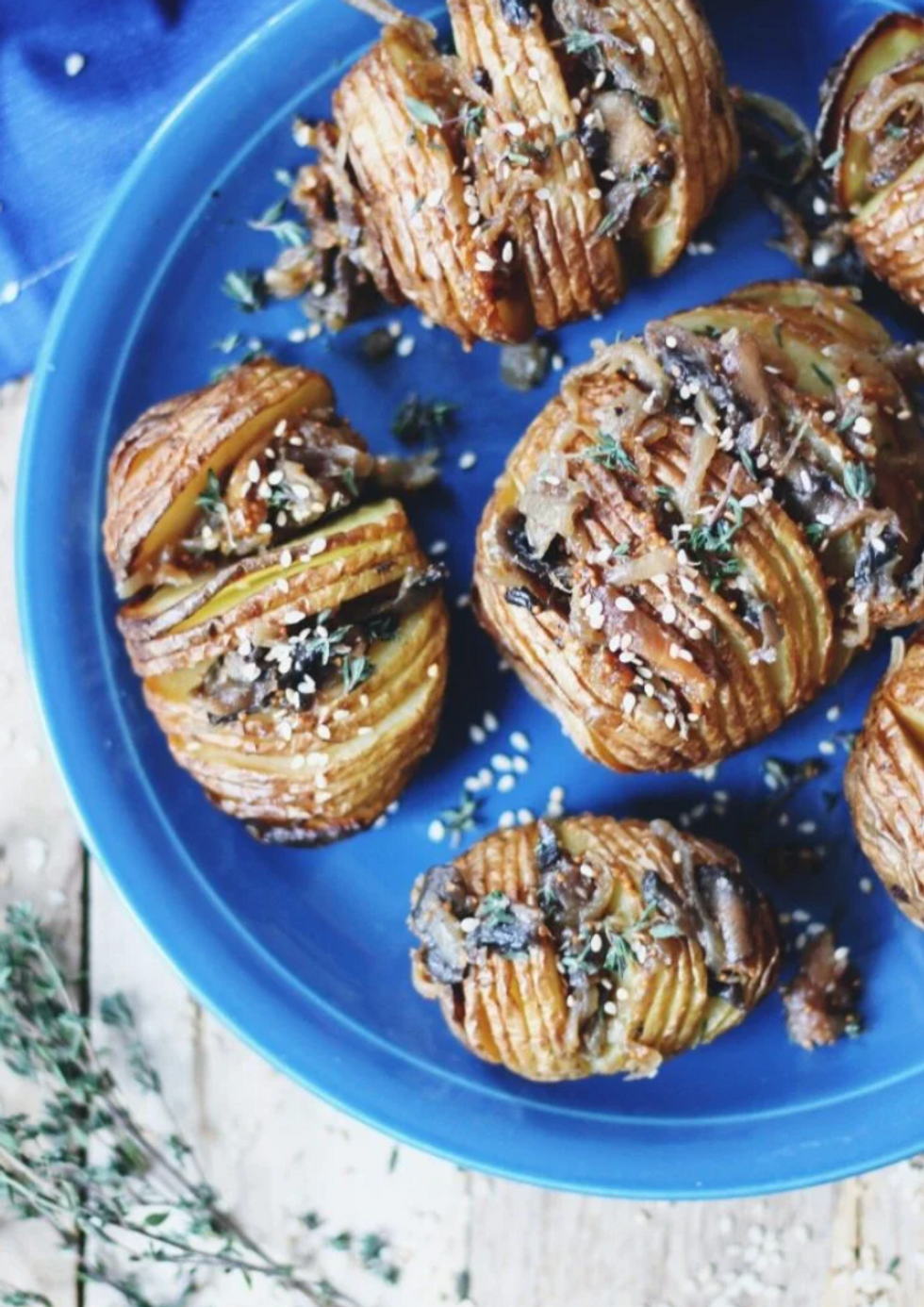 Roasted Hasselback Potatoes with Sweet Figs, Caramelized Onion and Mushroom