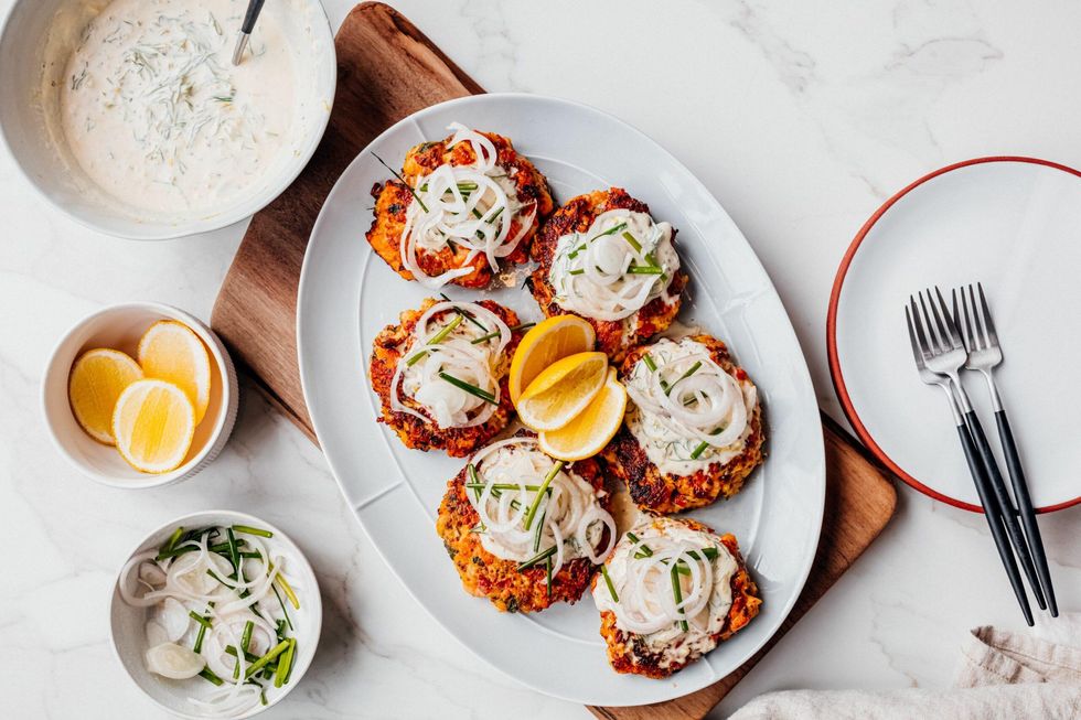 Seared Salmon Cakes with Lemon and Dill Cream