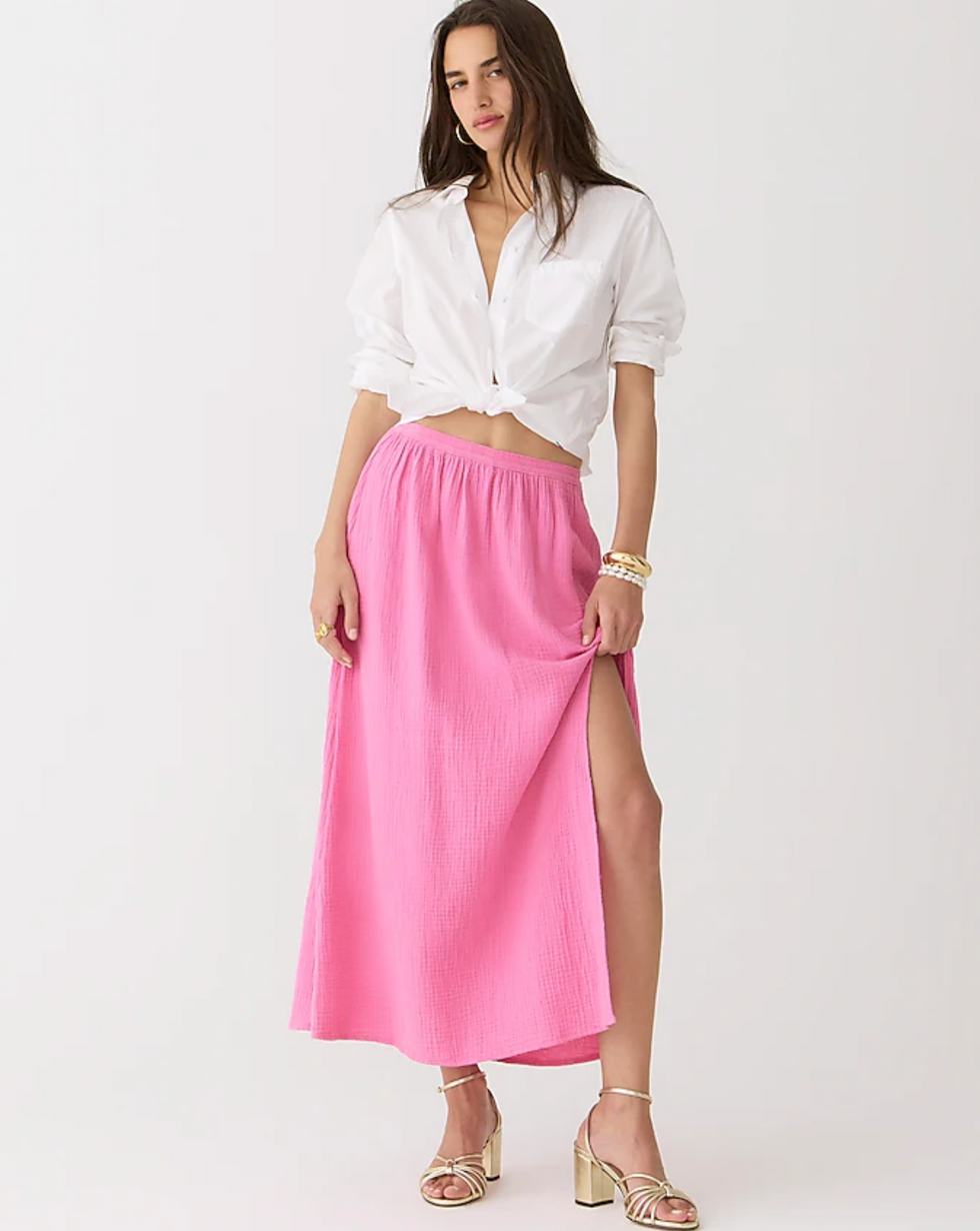 Side-Slit Soft Gauze Maxi Skirt in Bubblegum Pink