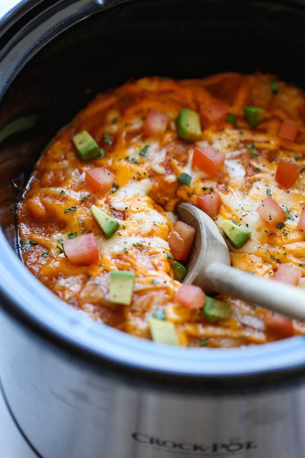 Slow-Cooked Enchilada Casserole inside a Crock-pot utensil