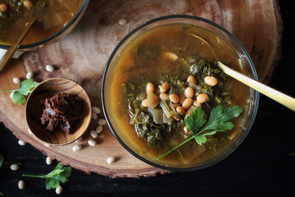 Smoky Miso Soup With Mustard Greens & Navy Beans