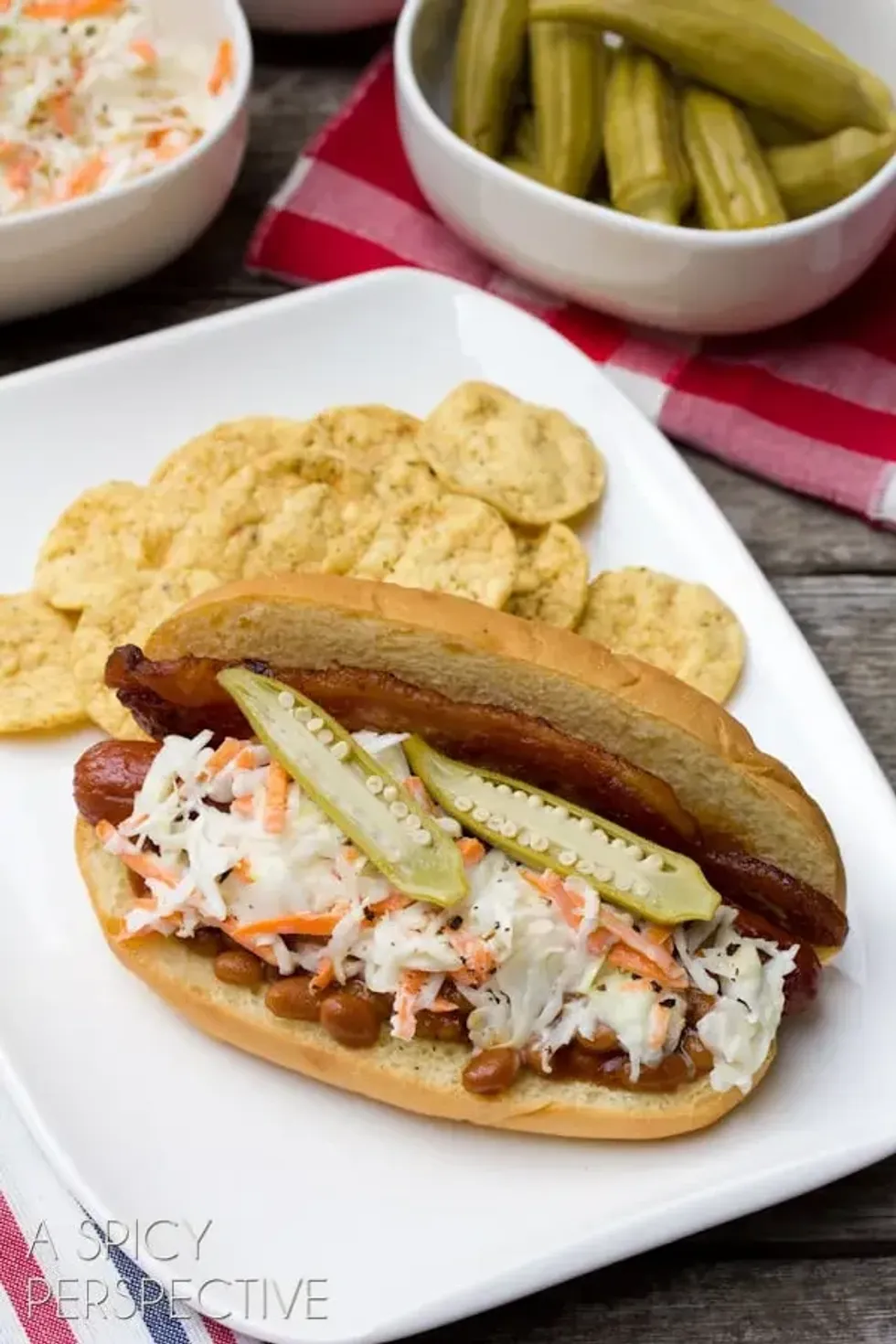 southern bacon hotdog with coleslaw and baked beans