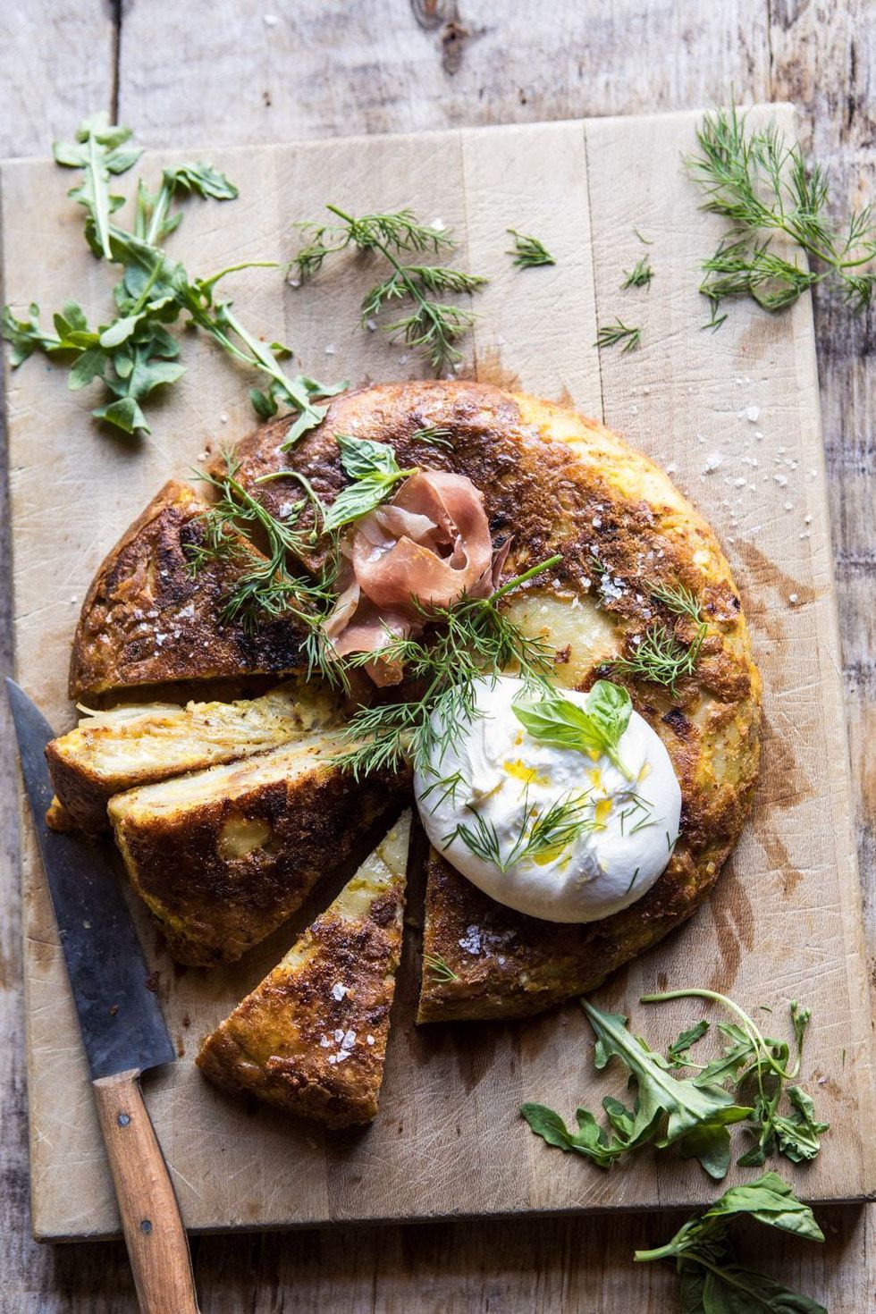 Spanish Tortilla With Burrata and Herbs