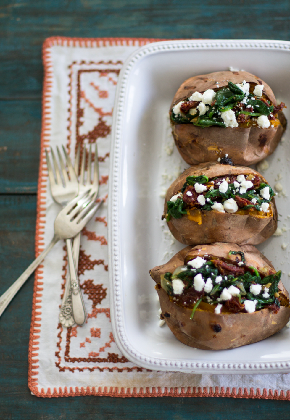 Spinach, Sun-Dried Tomato and Goat Cheese Stuffed Sweet Potatoes